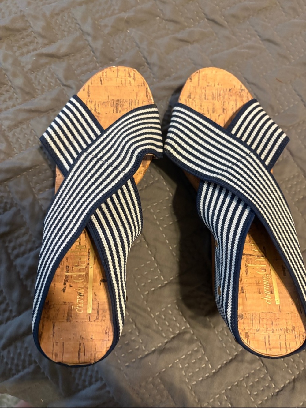 Charming Charlie Navy & White Striped Cork Wedge Sandals